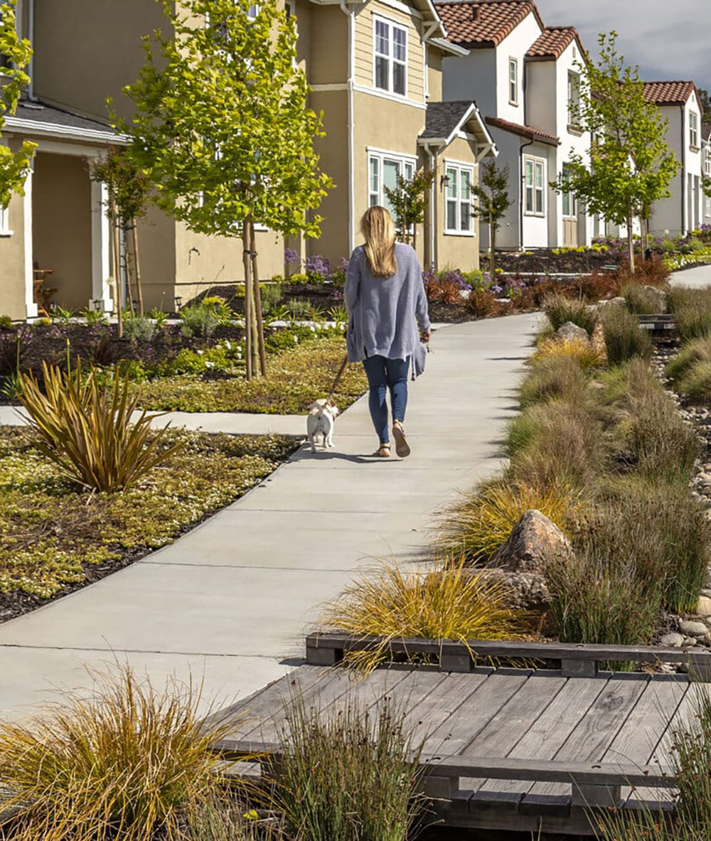 A woman walk's her dog in a park at East Garrison by Element Homes